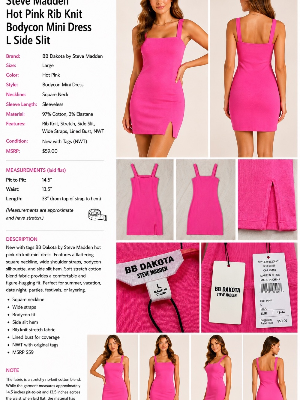BB Dakota Steve Madden Hot Pink Square Neck Rib Knit Bodycon Mini Dress NWT L